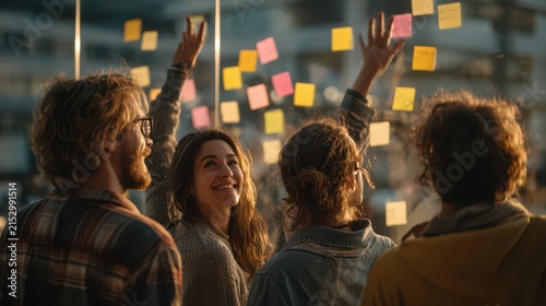 Team Collaborating and Brainstorming with Sticky Notes on Glass Wall in Office