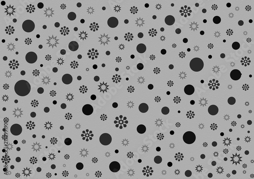Christmas seamless grey-and-black pattern background with snowflakes, spots, and other ornaments.
