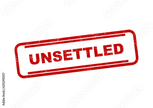 Red rubber stamp impression with the word unsettled in a rectangular frame on document isolated on transparent background
