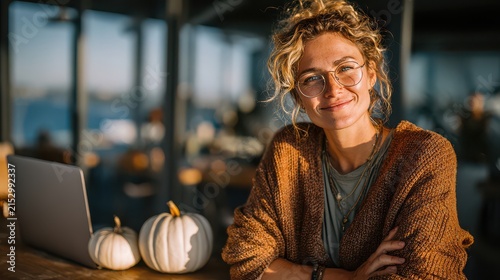 Smiling young woman with curly hair and glasses working on laptop in cozy cafe