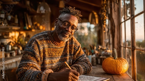 Thoughtful elderly man writing at a rustic table with pumpkin in cozy autumn setting
