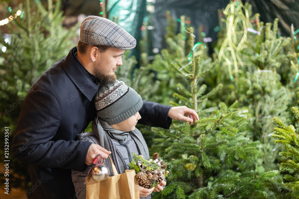 Obraz premium During Christmas market, dad and son choose Christmas tree and try on balls for New Year tree. They buy Christmas tree to decorate house and apartment, preparing for New Year and Christmas.