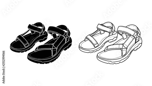 Sandals for Adventure: A pair of versatile sport sandals, shown in both black silhouette and outline drawing, ready for any outdoor exploration.