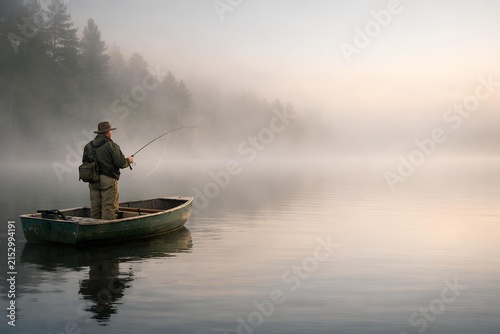 fisherman fishing on wooden boat in misty morning lake with copy space.