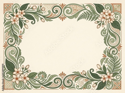 Classic floral frame with green leaves and pink flowers for greeting cards and stationery design.