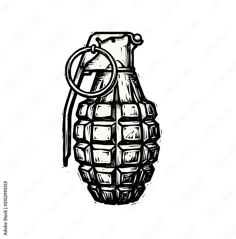 Obraz premium Hand grenade with safety lever, pin and textured body, hand drawn vintage engraving, military vector illustration.