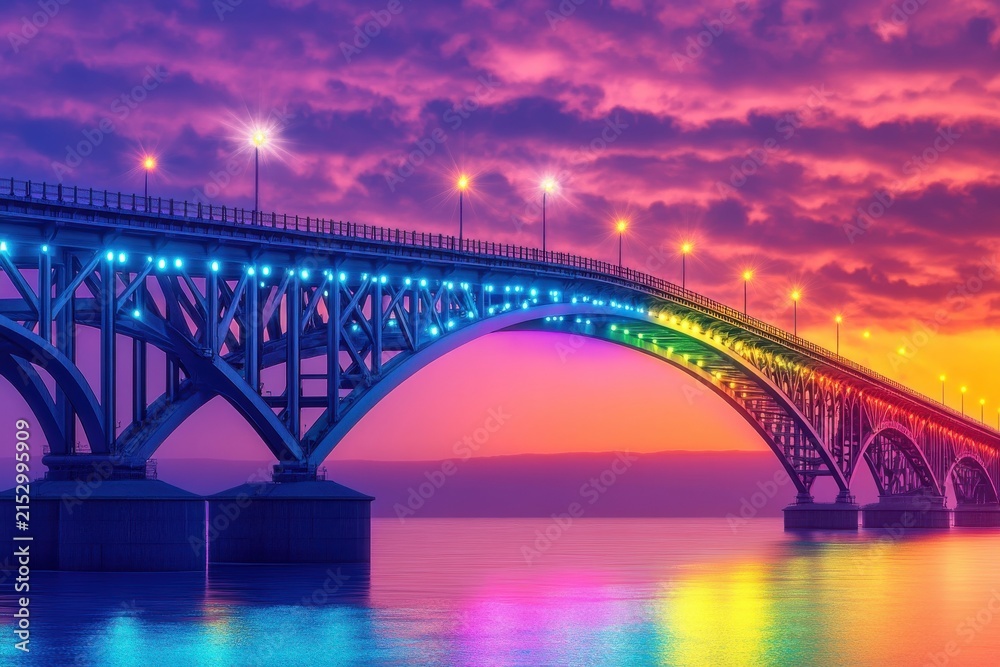 Obraz premium Colorful hues illuminate the sunset bridge, crafting a magical view