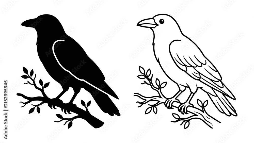 Obraz premium Raven Silhouette and Outline: A graphic representation of a raven, shown as both a black silhouette and a white outline, perched on a small branch.