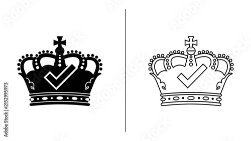 Photography Royal Seal of Approval: Two crowns, one solid black and the other a detailed outline, both featuring a checkmark symbol, signifying authority, approval, and regal endorsement