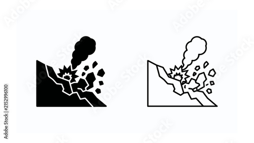 Fotografía Landslide Iconography: A graphic representation of a landslide, illustrating rockfall, debris, and smoke emanating from a crumbling mountain slope