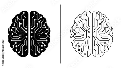 AI Brain Circuitry: A stylized representation of the human brain depicted as an intricate electronic circuit board, symbolizing artificial intelligence and technological advancement.