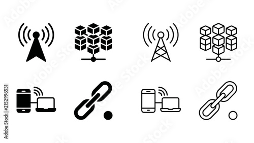 Network and Data Connection Icons: A collection of black and white icons depicting network connectivity, data transfer, and linking concepts. Featuring signal towers, interconnected cubes.