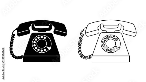 Foto Retro Rotary Phone Icons: A classic rotary dial telephone is depicted in two styles, one solid black silhouette and the other outlined in black, representing vintage communication technology