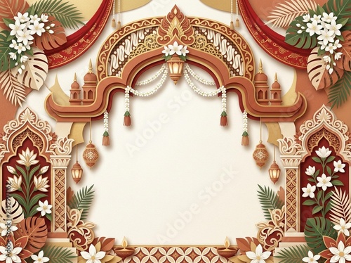 Elegant archway with hanging ornaments and floral accents for wedding invitations and festive event decorations.