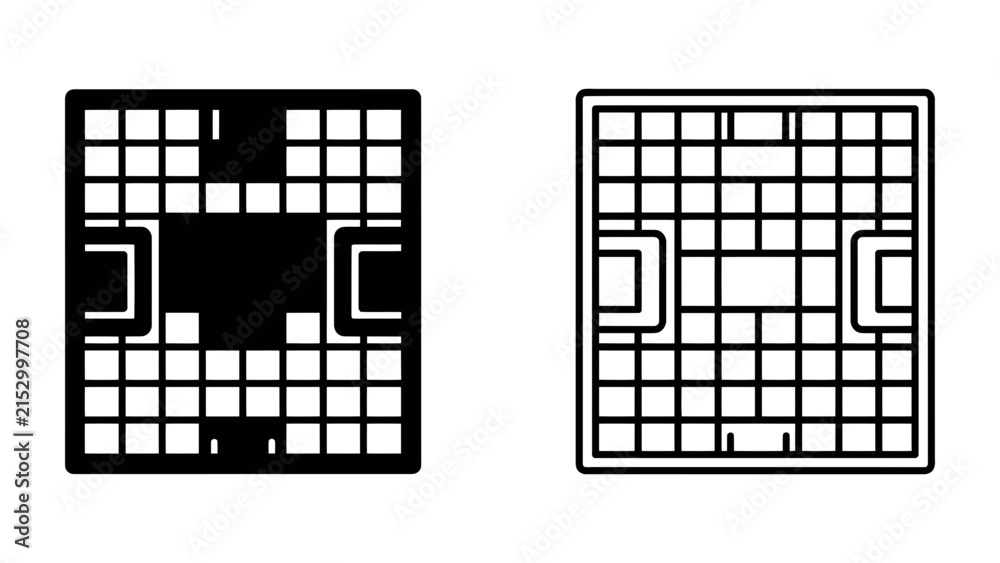 Fototapeta premium Two Grids with Soccer Goal Silhouettes: A black and white representation of a grid with distinct soccer goal formations. One grid is filled in solid black, highlighting the negative space of the goal.