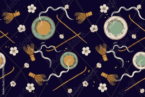 Seamless pattern featuring matcha tea bowls, bamboo whisks, tea scoops, and white cherry blossom flowers on a dark navy blue background
