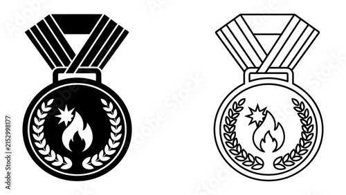 Foto Award Icon Set: A set of two award icons, one in silhouette and one in outline, featuring a medal with a flame and star symbol surrounded by a laurel wreath, symbolizing achievement and recognition