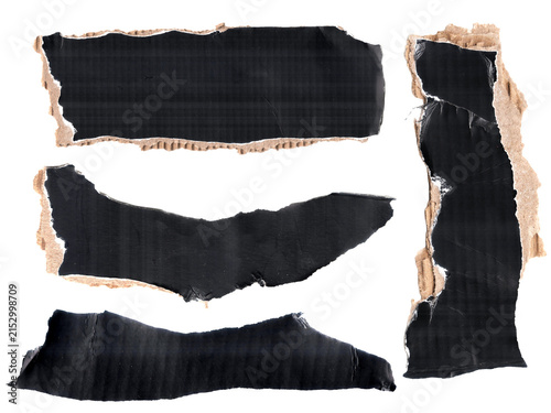 Black torn cardboard paper strips isolated on transparent background for design collage elements.