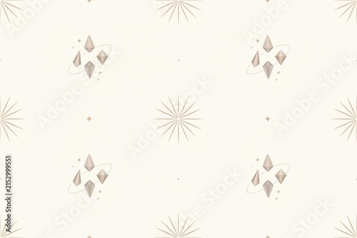 Seamless pattern featuring minimalist line sunbursts and floating geometric crystal shapes on a soft cream colored background surface
