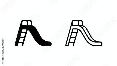 Playground Slide Icons: Simple black and white icons representing a playground slide, one solid silhouette and the other outlined, perfect for representing recreation and childhood fun.