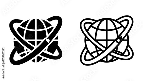 Canvas Print Global Network Symbol: Two stylized icons depicting a globe encircled by interconnected orbital lines, representing global connectivity and technology