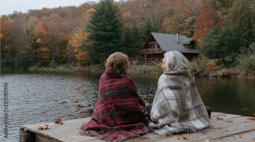 Elderly friends enjoy autumn lake view wrapped in warm blankets