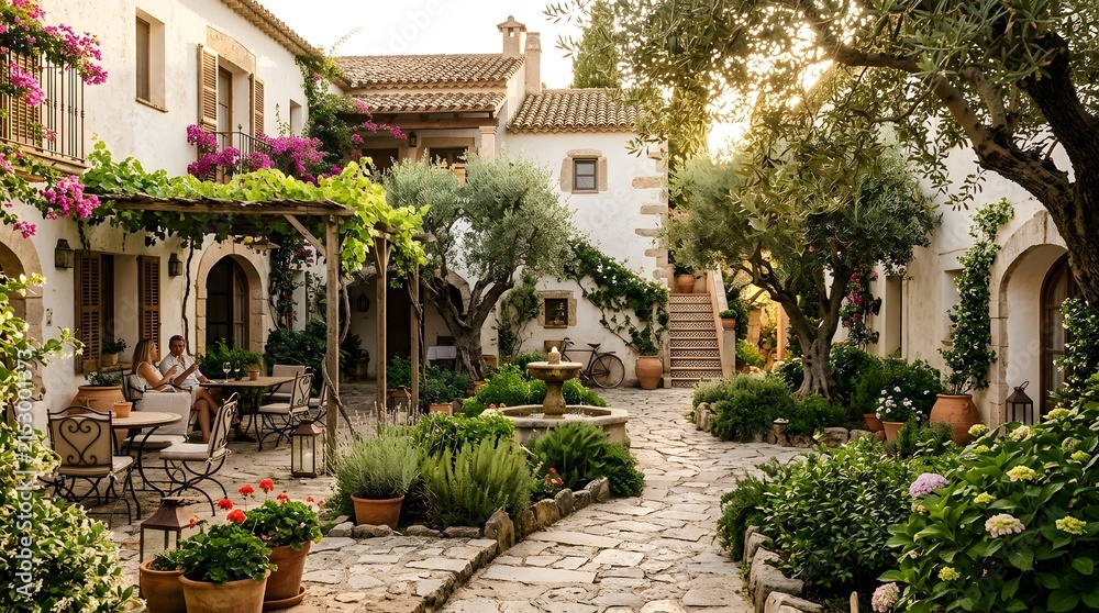 Fototapeta premium Charming Mediterranean Courtyard with Lush Greenery and Seating Area.