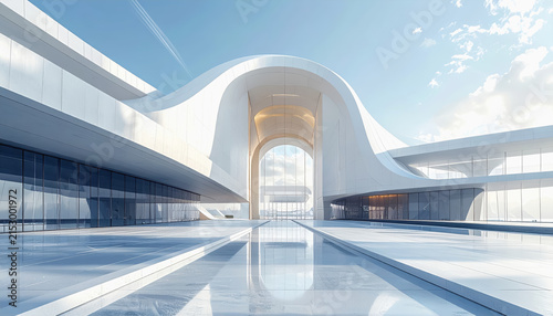Modern futuristic architectural building with curved white facade and glass windows reflecting sky