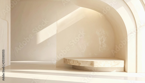 Minimalist interior with arched doorway and natural light illuminating a marble display pedestal