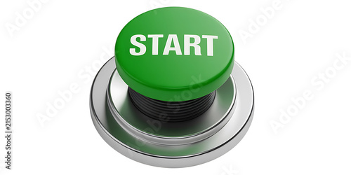 Green start button with white text on a silver base with ribbed detail and white background