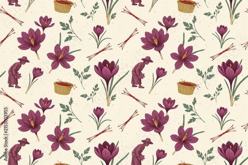 Seamless pattern featuring purple saffron crocus flowers, farmers in hats, wicker baskets, and red spice threads on a light beige background theme