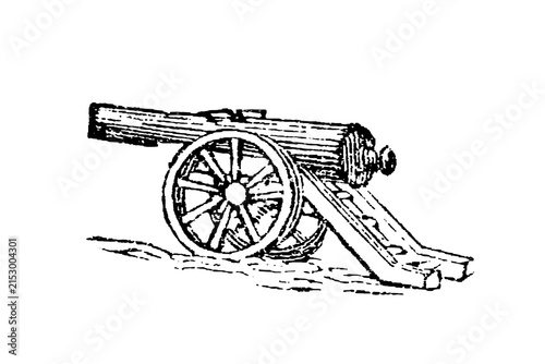 Obraz na płótnie Cannon with wooden wheels and heavy barrel, old vintage illustration, 1897