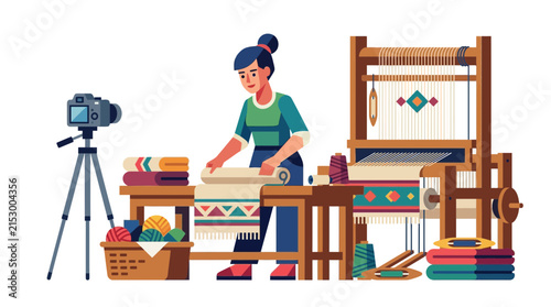 Artisan Weaving Fabric on Loom, Filming Process for Online Content
