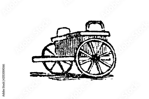 Foto Wooden carriage with two large spoked wheels and ornate details, old vintage illustration, 1897