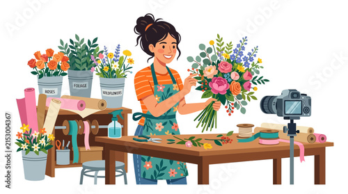 Florist creating bouquet for online video tutorial