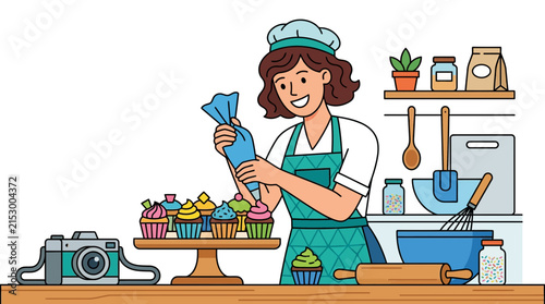 Baker Decorating Cupcakes with Pastry Bag