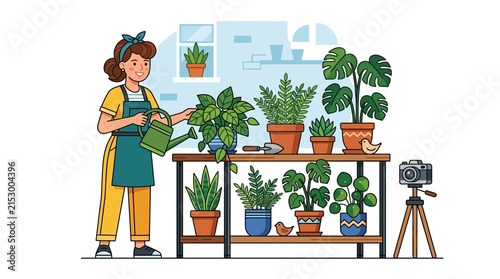 Woman Watering Indoor Plants with Camera Recording