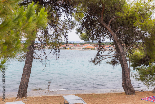 Pine trees framing Adriatic waterfront with lounge chairs and village view in Croatia