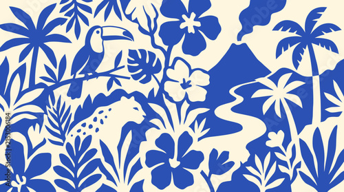  Blue and white tropical jungle landscape illustration with toucan bird, jaguar, palm trees, hibiscus flowers, and smoking volcano scenery