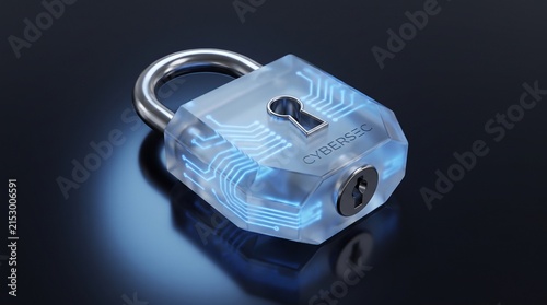 Abstract 3d render of a futuristic translucent glass padlock with glowing blue circuit boards and cybersec text on a dark reflective surface