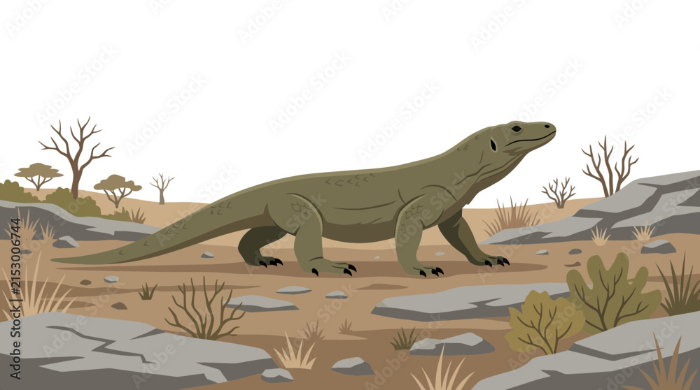 Fototapeta premium Giant monitor lizard in dry savannah landscape flat vector illustration