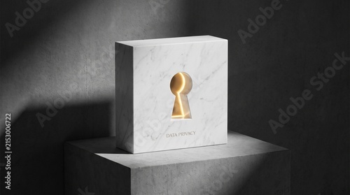 Abstract 3d render of a luxury white marble block with a glowing golden keyhole and data privacy text sitting on a concrete pedestal under dramatic lighting