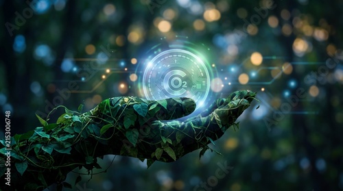Abstract concept of carbon reduction and climate technology with a hand made of green leaves holding a glowing holographic co2 emissions reduction symbol in a dark forest backdrop
