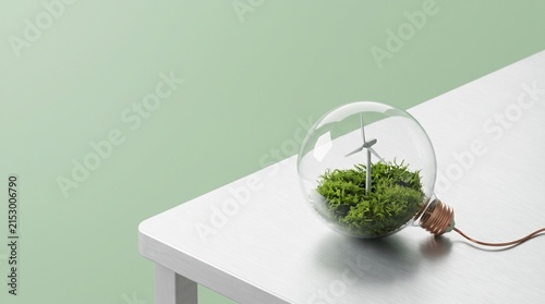 Minimalist 3d render of a glass lightbulb containing a miniature wind turbine and green moss sitting on a white table with pastel green background