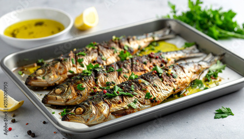 Whole grilled sardines on a metal tray, topped with chopped herbs and olive oil