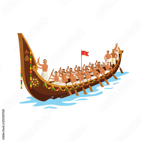 фотографія Traditional Kerala snake boat race vector illustration featuring oarsmen rowing a decorated wooden Vallam Kali boat on blue water