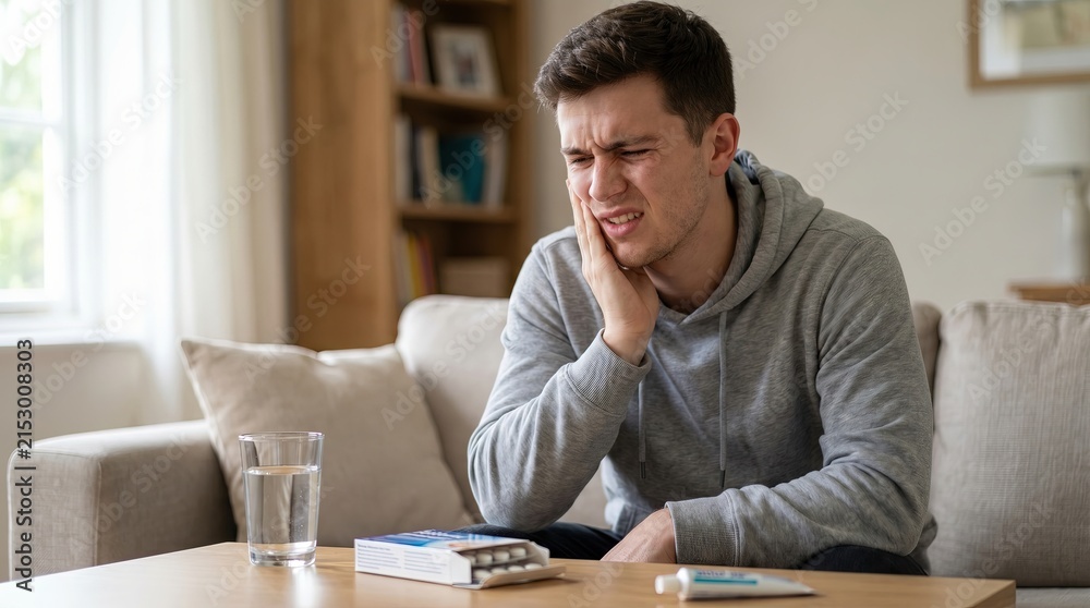 Obraz premium Toothache Pain Concept, Dental Health Problem, Oral Pain Distress, Young Man in Pain Reflecting on Health and Care