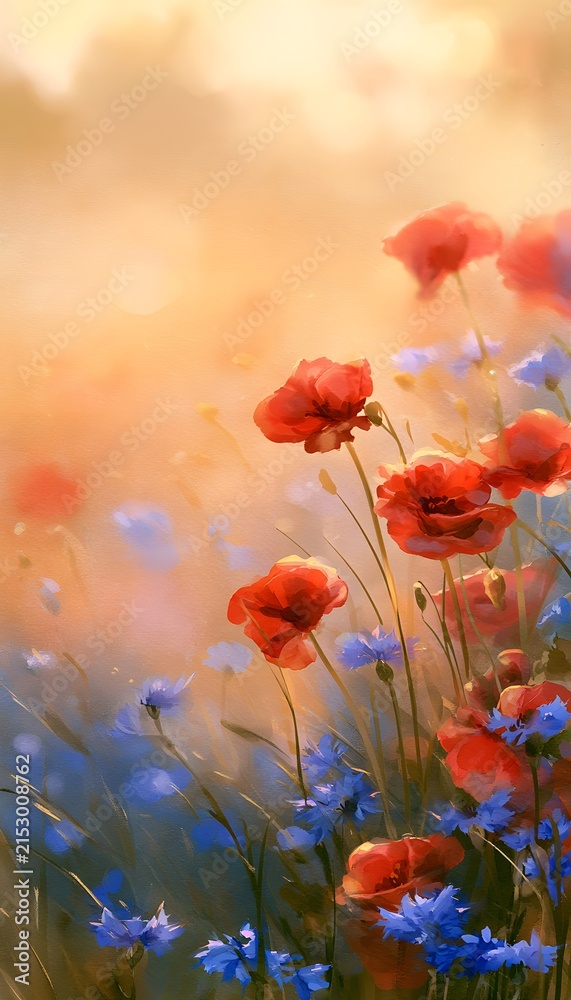 Fototapeta premium Golden hour paints a tranquil poppy field serene landscape illustration evokes peaceful beauty