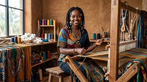 Smiling african woman weaving colorful fabric on a traditional loom