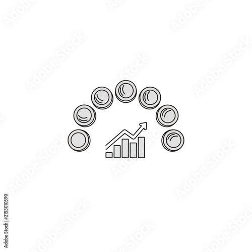 A simple line drawing of coins arranged in a rising arch shape